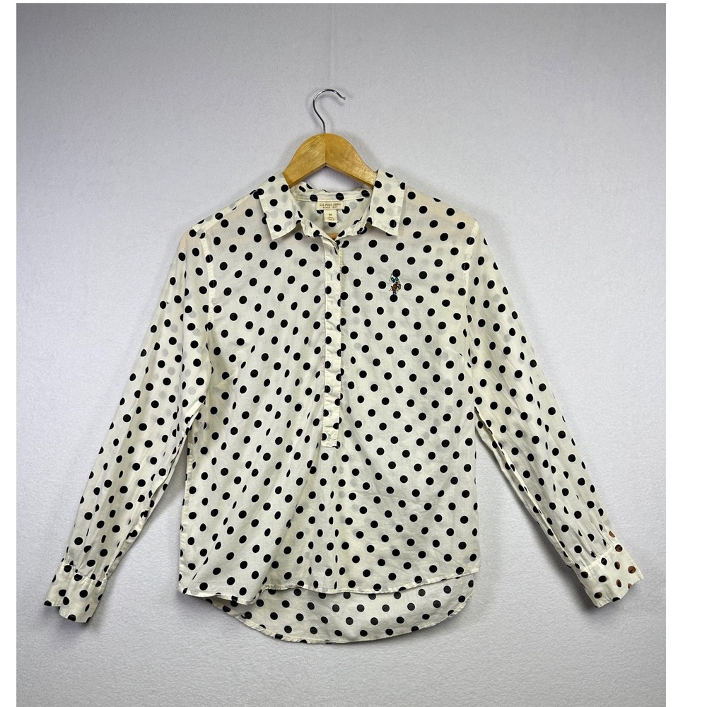US Polo Assn. Women's Cream Black Polka Dot Collared Button Up‎ Shirt M Cotton